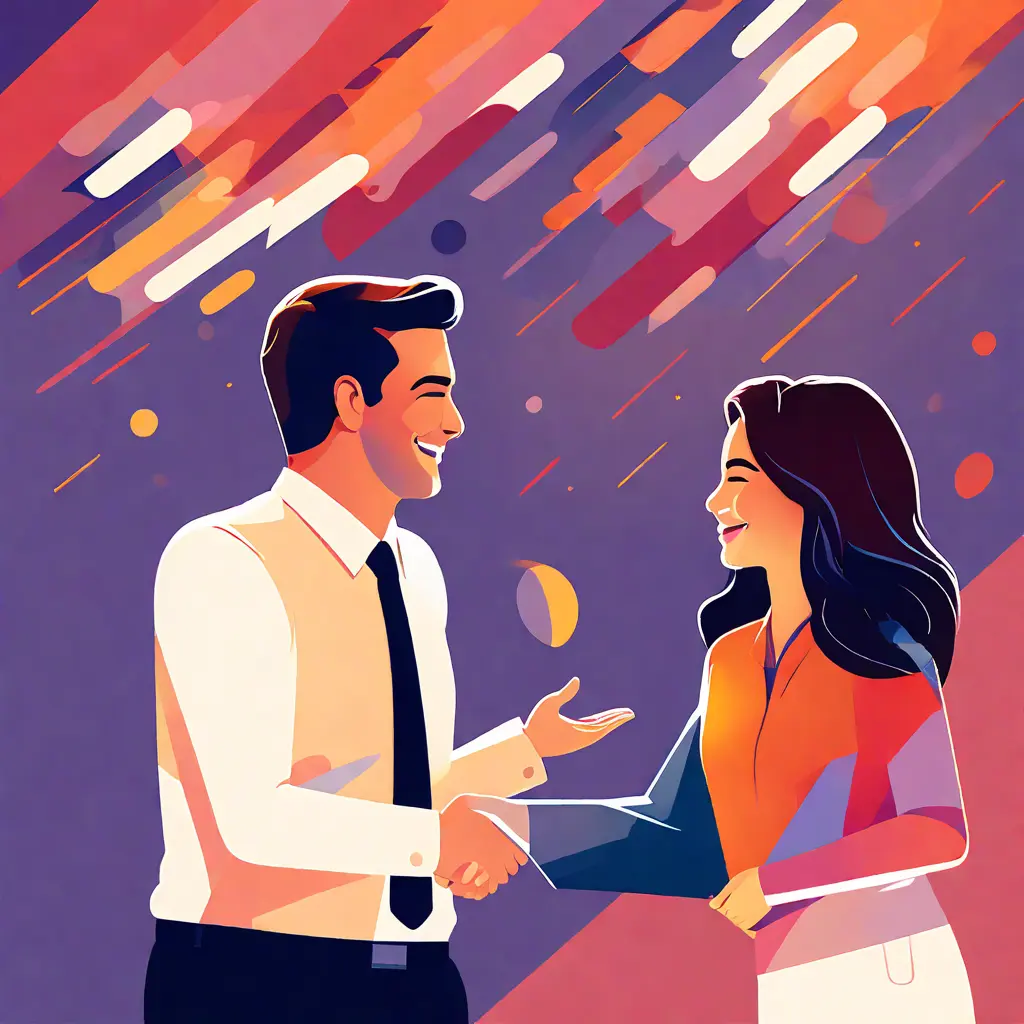 simple abstract illustration of Employee receiving recognition from their manager, warm colours simple abstract illustration of Employee receiving recognition from their manager, warm colours