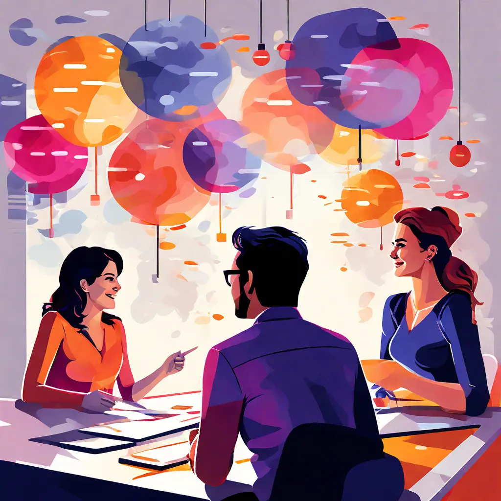 simple abstract illustration of Employee sharing ideas during a brainstorming session, warm colours simple abstract illustration of Employee sharing ideas during a brainstorming session, warm colours