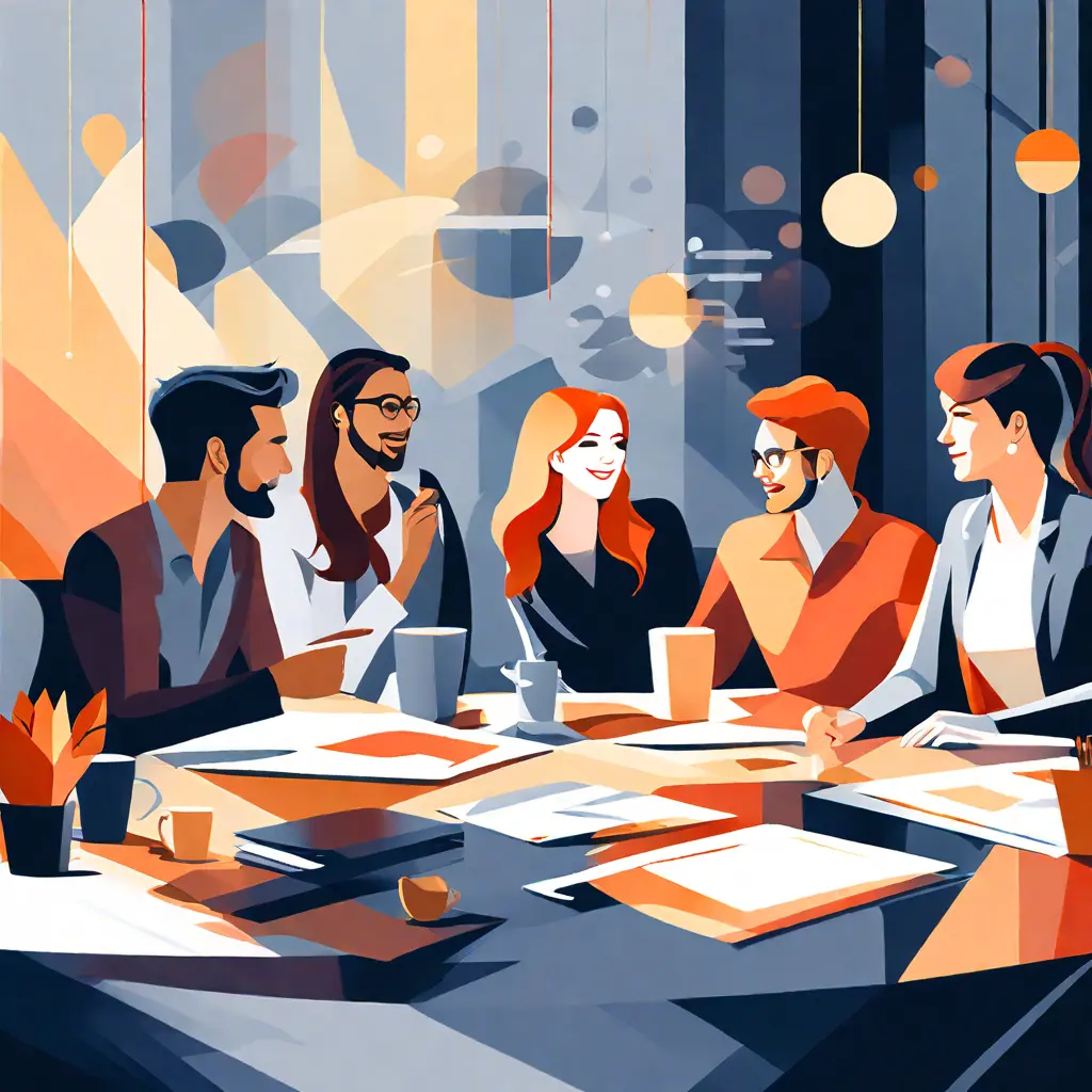 simple abstract illustration of  Group of diverse employees collaborating in a meeting, warm colours