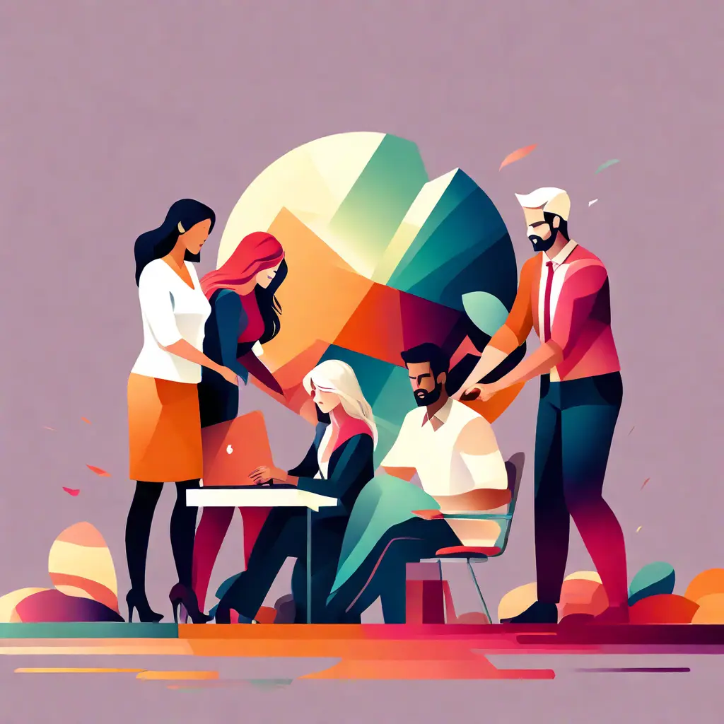 simple abstract illustration of Team of employees working together on a project, warm colours simple abstract illustration of Team of employees working together on a project, warm colours