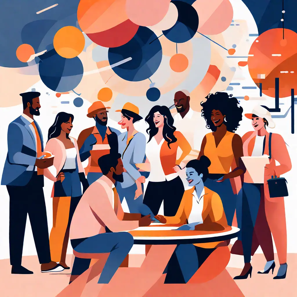 simple abstract illustration of  A diverse group of employees collaborating on a project, warm colours