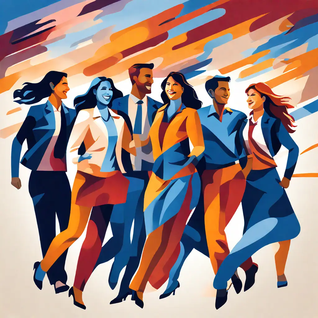 simple abstract illustration of A group of employees participating in a team-building activity, warm colours simple abstract illustration of A group of employees participating in a team-building activity, warm colours