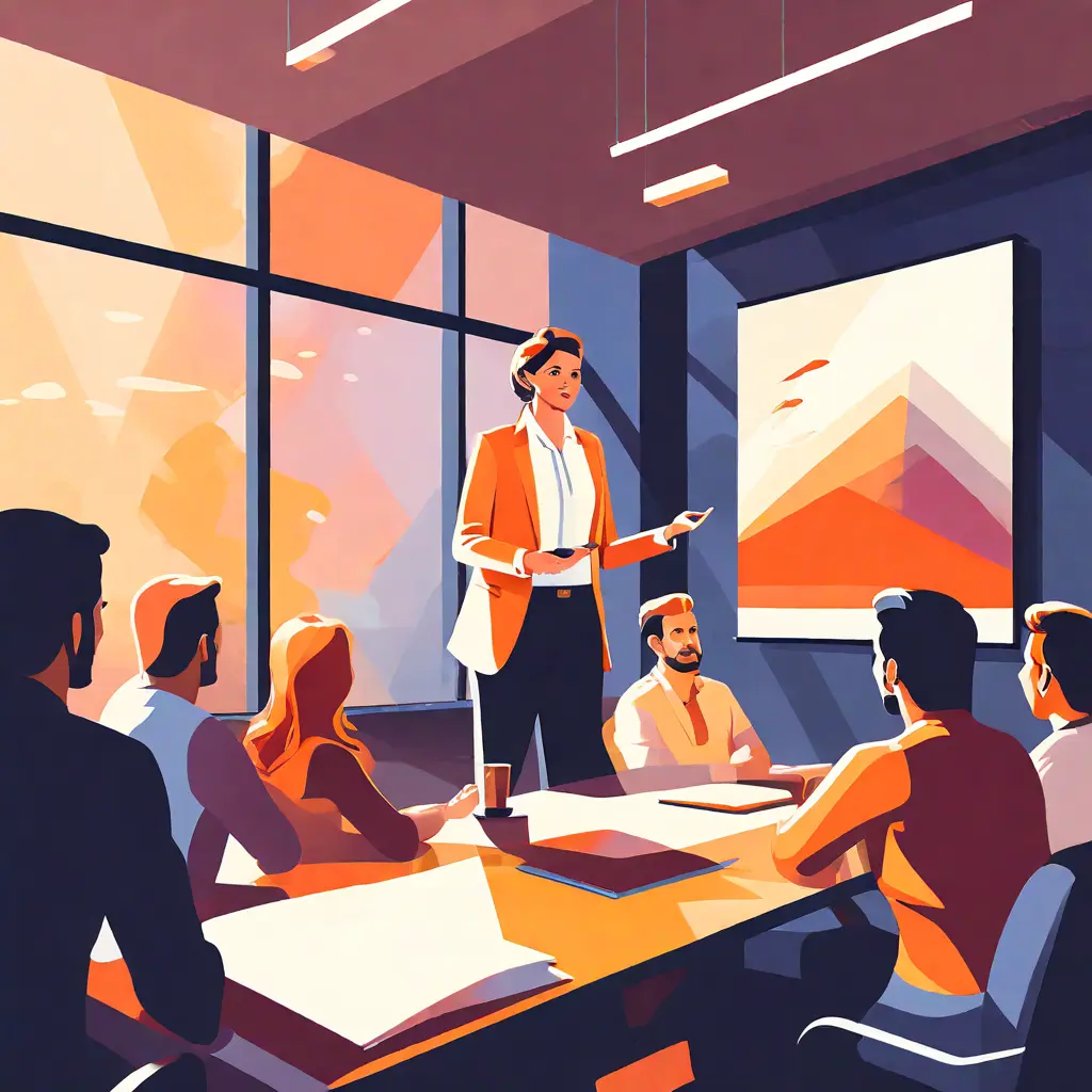 simple abstract illustration of  An employee leading a presentation or training session for their colleagues, warm colours
