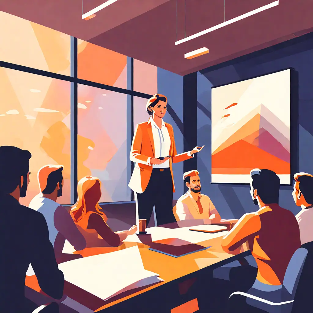 simple abstract illustration of An employee leading a presentation or training session for their colleagues, warm colours simple abstract illustration of An employee leading a presentation or training session for their colleagues, warm colours