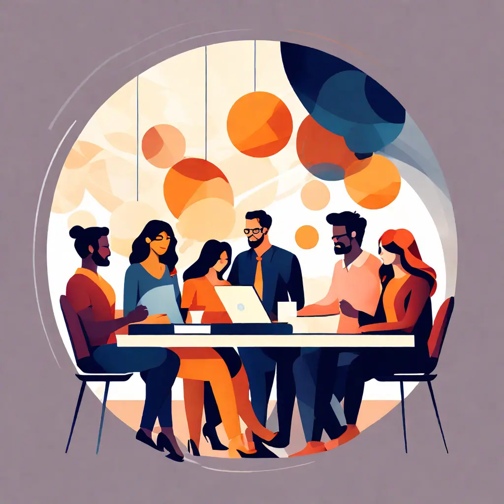 simple abstract illustration of  A diverse group of employees collaborating on a project, warm colours