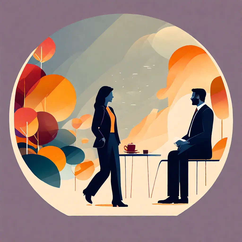 simple abstract illustration of  A manager and employee discussing career growth opportunities, warm colours