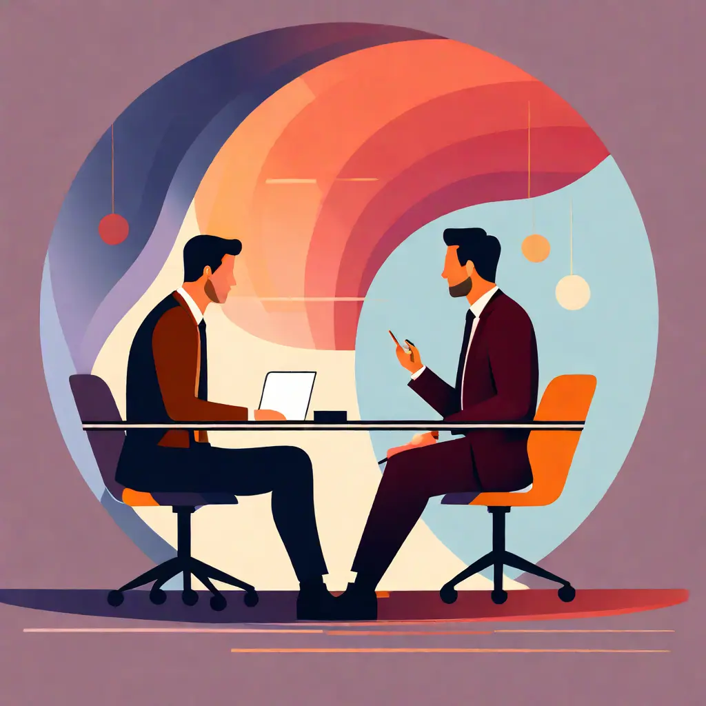 simple abstract illustration of  A manager having a one-on-one meeting with an employee, warm colours