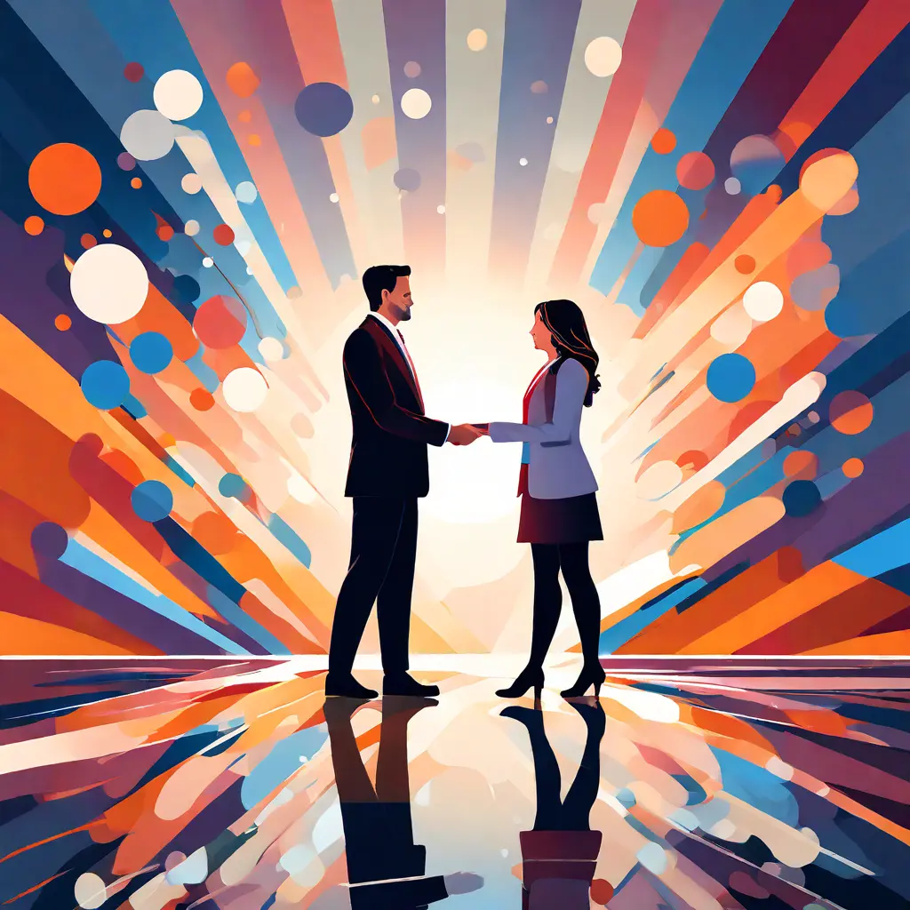 simple abstract illustration of An employee receiving recognition or praise from their supervisor, warm colours simple abstract illustration of An employee receiving recognition or praise from their supervisor, warm colours