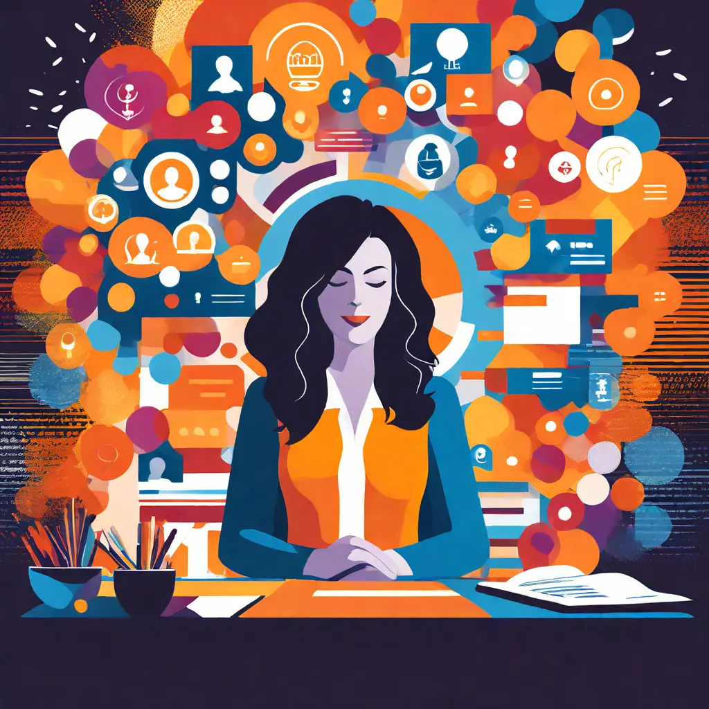 simple abstract illustration of Employee engagement specialist creating a communication strategy for the organization, warm colours simple abstract illustration of Employee engagement specialist creating a communication strategy for the organization, warm colours