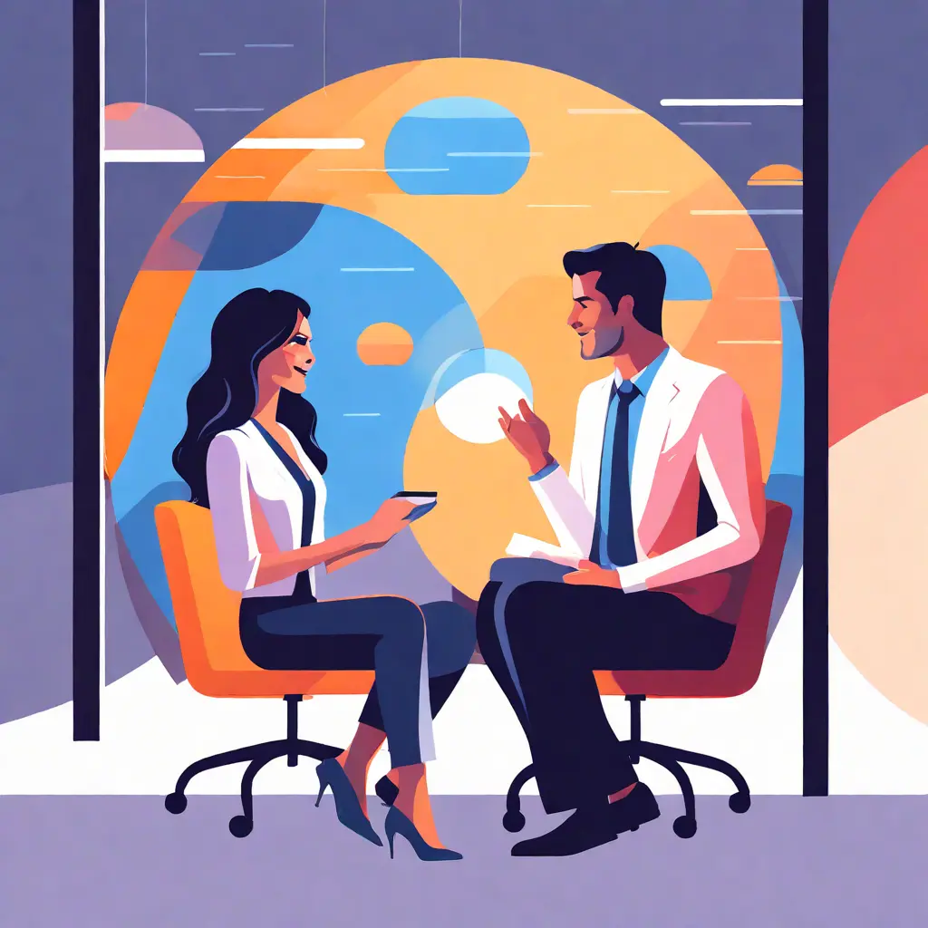 simple abstract illustration of  Employee engagement specialist having a one-on-one coaching session with an employee, warm colours