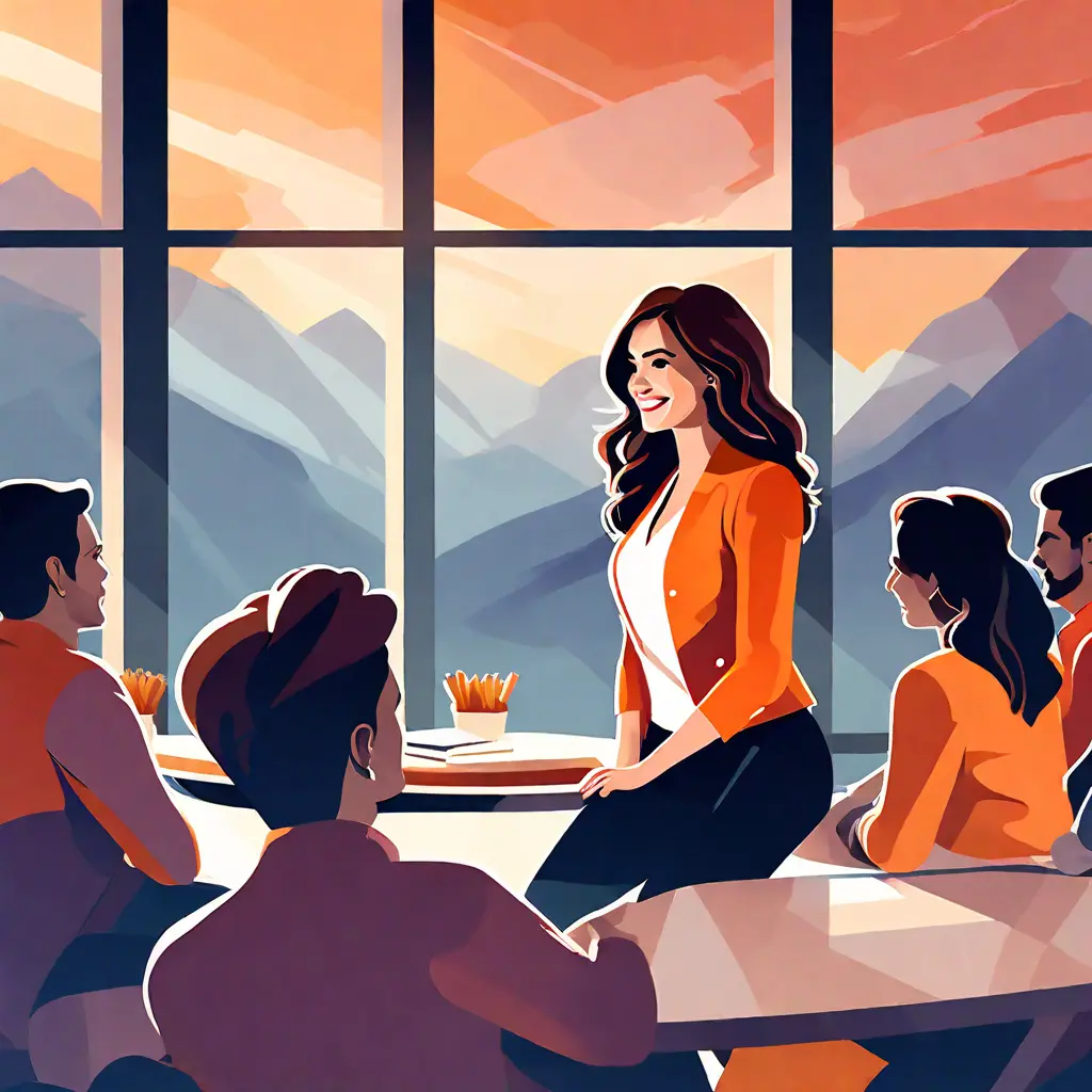 simple abstract illustration of Employee engagement specialist leading a team meeting, warm colours simple abstract illustration of Employee engagement specialist leading a team meeting, warm colours