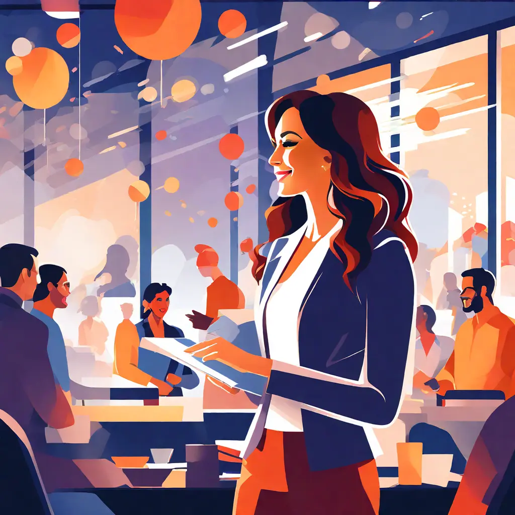 simple abstract illustration of Employee engagement specialist organizing a company event, warm colours simple abstract illustration of Employee engagement specialist organizing a company event, warm colours