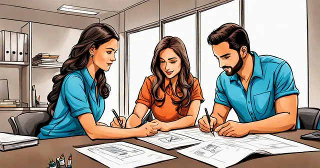 3 employeees engaged at a desktop 3 employeees engaged at a desktop