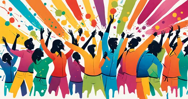 a group of people are dancing with their arms in the air a group of people are dancing with their arms in the air