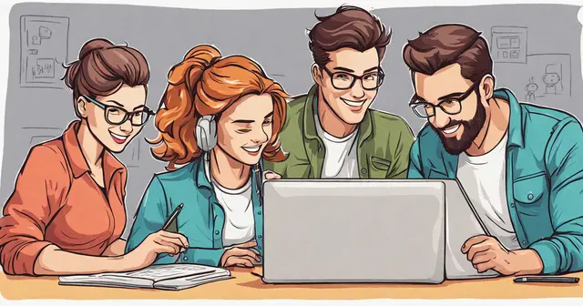 a group of people are looking at a laptop together a group of people are looking at a laptop together