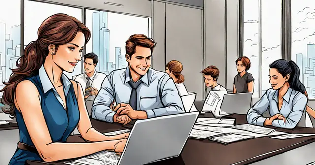 a group of people are sitting around a table with laptops a group of people are sitting around a table with laptops
