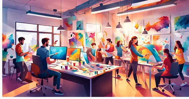 an illustration of a group of people working in an art studio