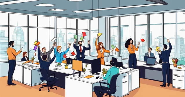 a group of people are celebrating in an office with papers in the air