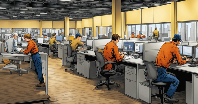 a drawing of people working in cubicles in an office