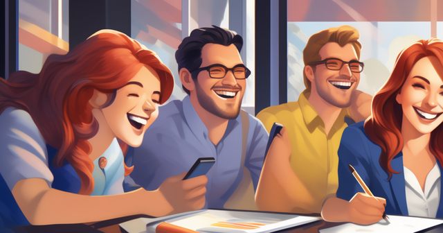 a group of people are sitting around a table and laughing