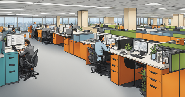 an artist 's impression of an office with cubicles and people working on computers