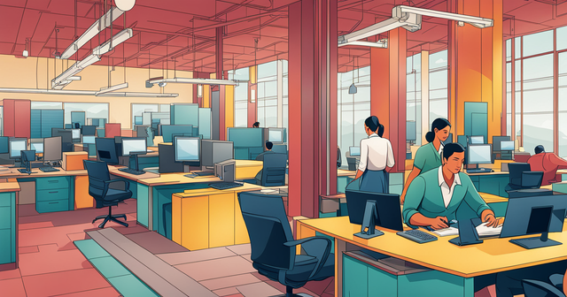 an illustration of a busy office with people working on computers