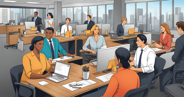 an illustration of a group of people working in an office an illustration of a group of people working in an office