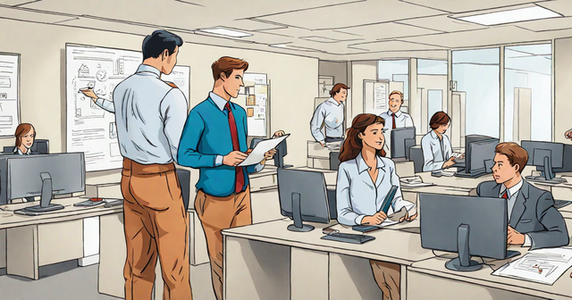 a cartoon drawing of a busy office with people working on computers