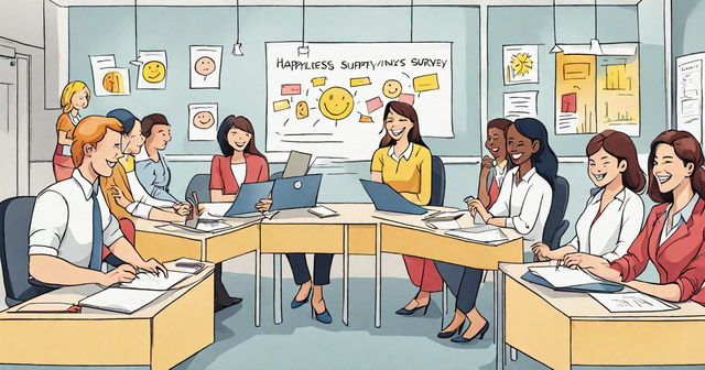 a group of people sit around a table in front of a board that says happiness supplying 's survey a group of people sit around a table in front of a board that says happiness supplying 's survey