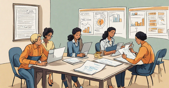 a group of women sit around a table looking at papers a group of women sit around a table looking at papers