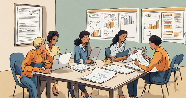 a group of women sit around a table looking at papers