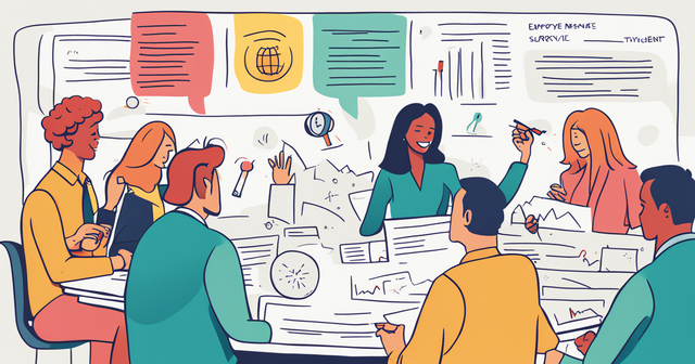 an illustration of a group of people having a meeting with the words employee manage survive written on the wall behind them an illustration of a group of people having a meeting with the words employee manage survive written on the wall behind them