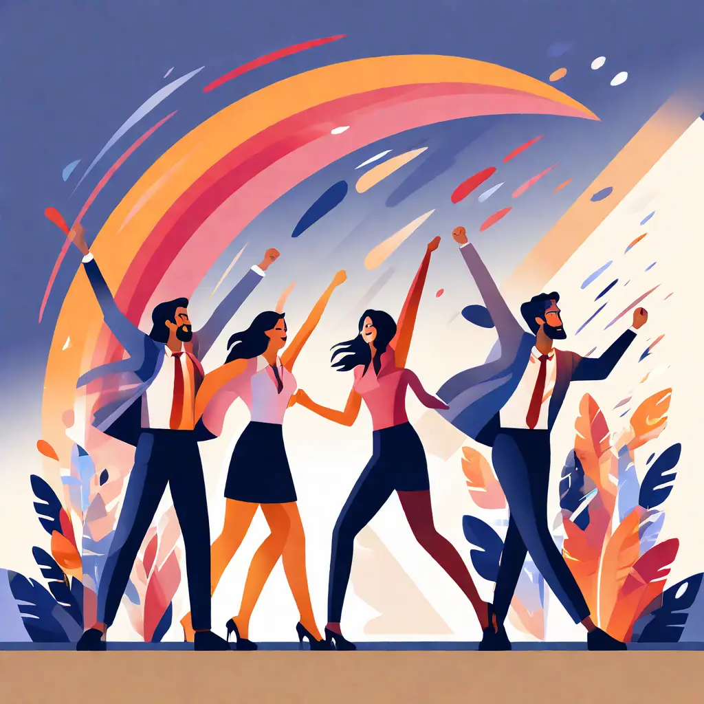 simple abstract illustration of  A group of employees celebrating successful performance evaluations, warm colours