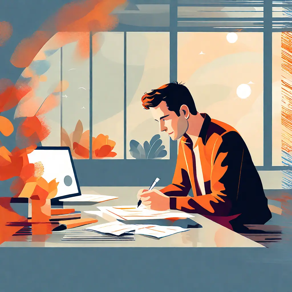 simple abstract illustration of  An employee filling out a self-evaluation form, warm colours
