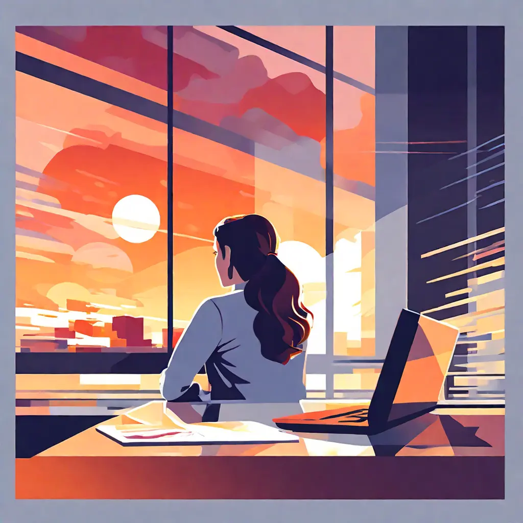 simple abstract illustration of  Employee reflecting on their performance at their desk, warm colours