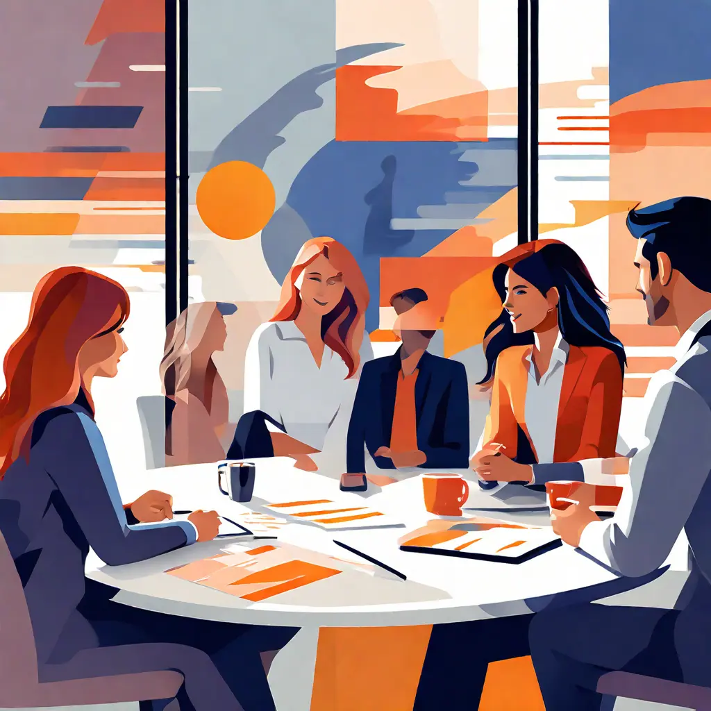 simple abstract illustration of  Group of employees discussing self appraisals in a meeting, warm colours