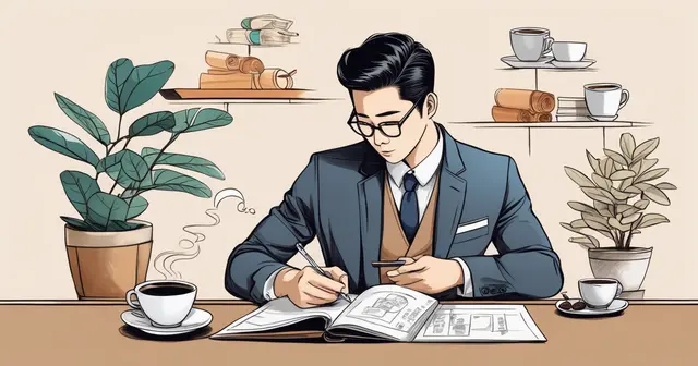 a man in a suit and tie is sitting at a table writing in a book