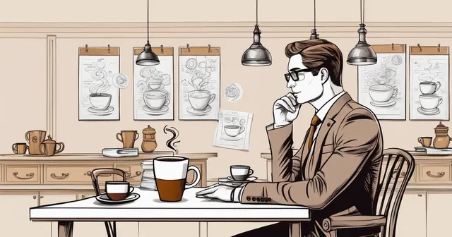 a man in a suit sits at a table with a cup of coffee