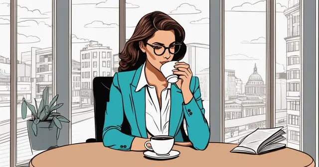 a woman sits at a table drinking a cup of coffee