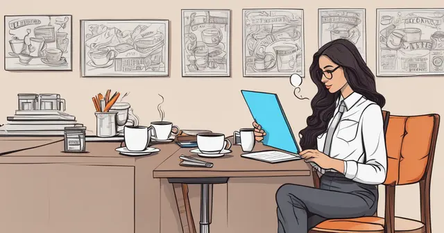 an illustration of a woman sitting at a table using a laptop