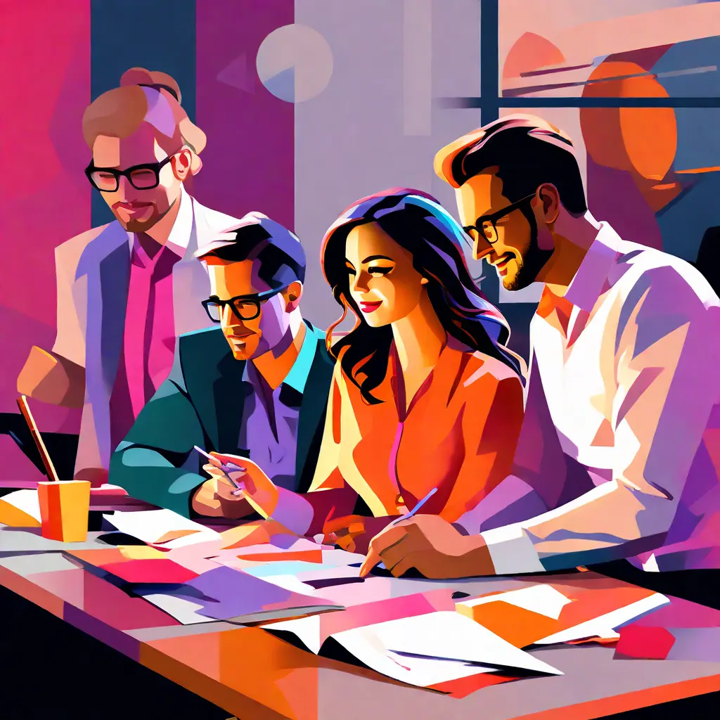 simple abstract illustration of  A group of coworkers collaborating on a project, warm colours, nice images, simple faces