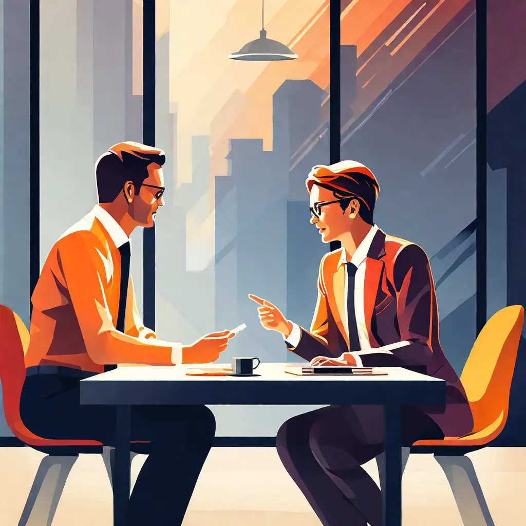 simple abstract illustration of A manager and employee having a discussion in an office, warm colours, nice images, simple faces simple abstract illustration of A manager and employee having a discussion in an office, warm colours, nice images, simple faces