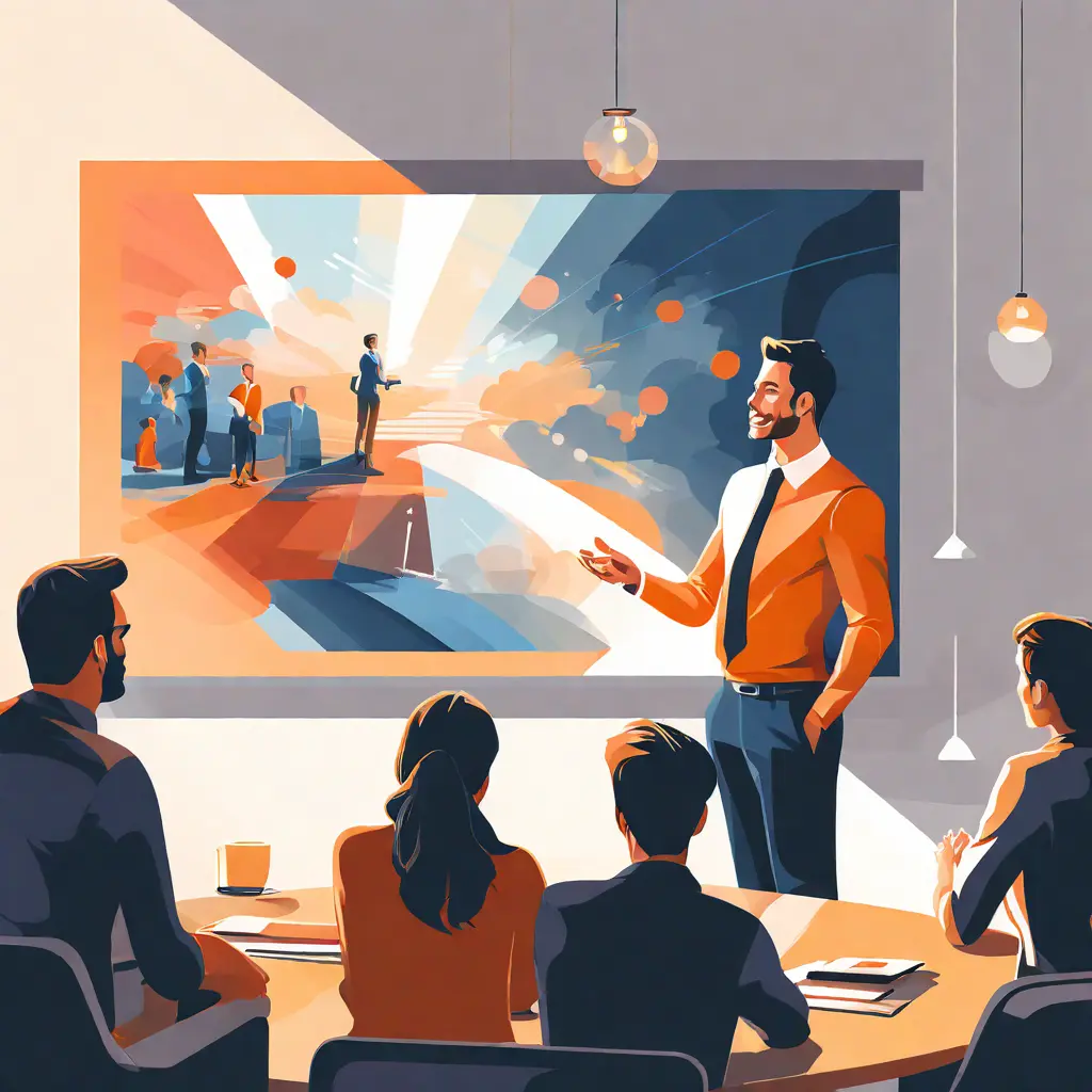simple abstract illustration of  A person giving a presentation to a team, warm colours, nice images, simple faces