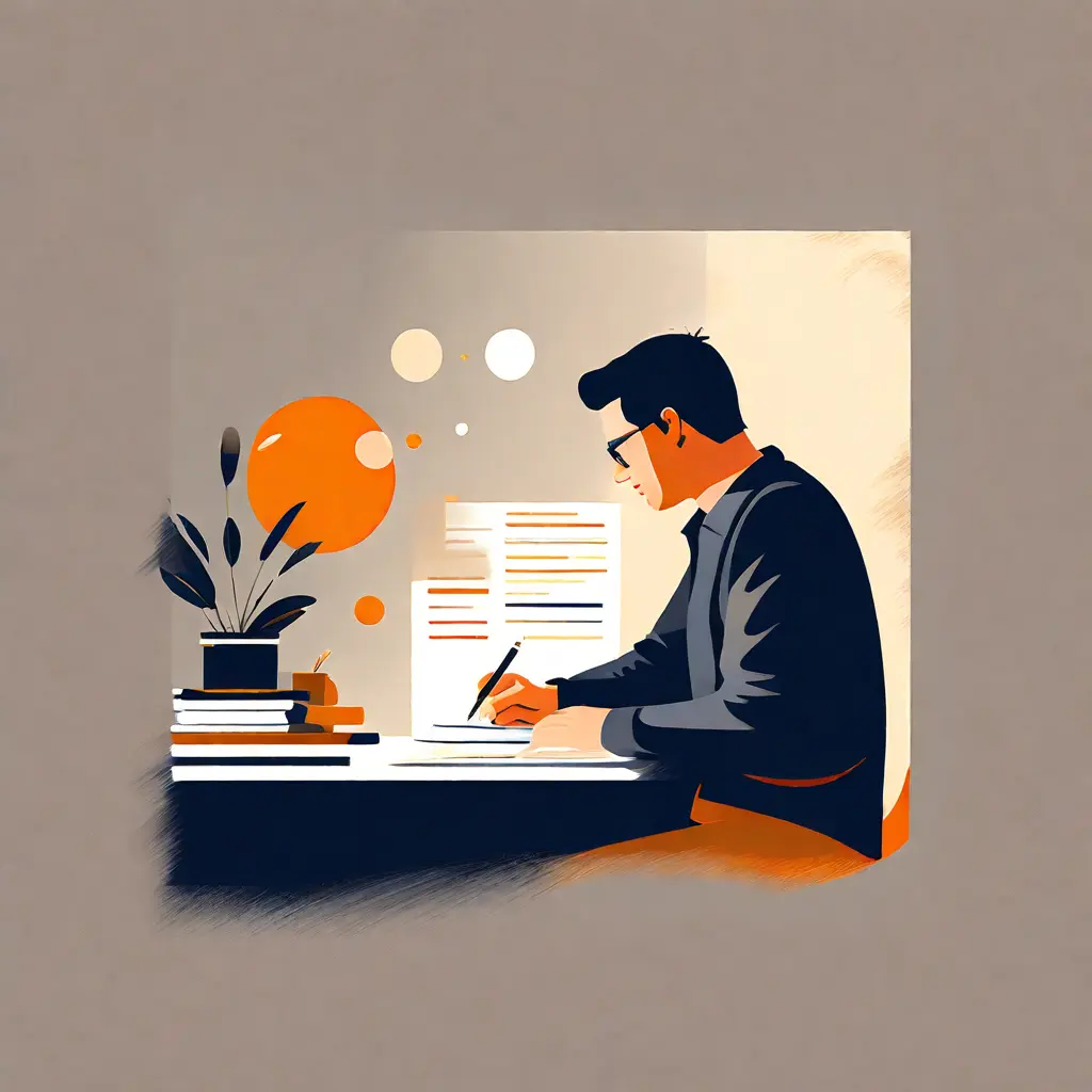 simple abstract illustration of  A person writing on a performance review form, warm colours, nice images, simple faces