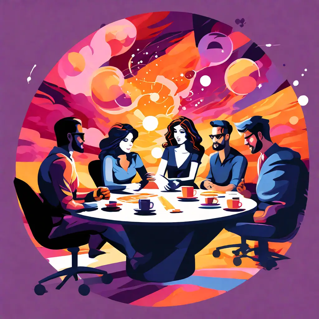 simple abstract illustration of A team brainstorming ideas for a new initiative, warm colours, nice images, simple faces simple abstract illustration of A team brainstorming ideas for a new initiative, warm colours, nice images, simple faces