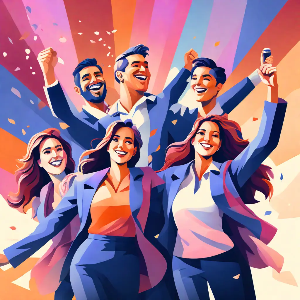 simple abstract illustration of A team celebrating a successful initiative, warm colours, nice images, simple faces simple abstract illustration of A team celebrating a successful initiative, warm colours, nice images, simple faces