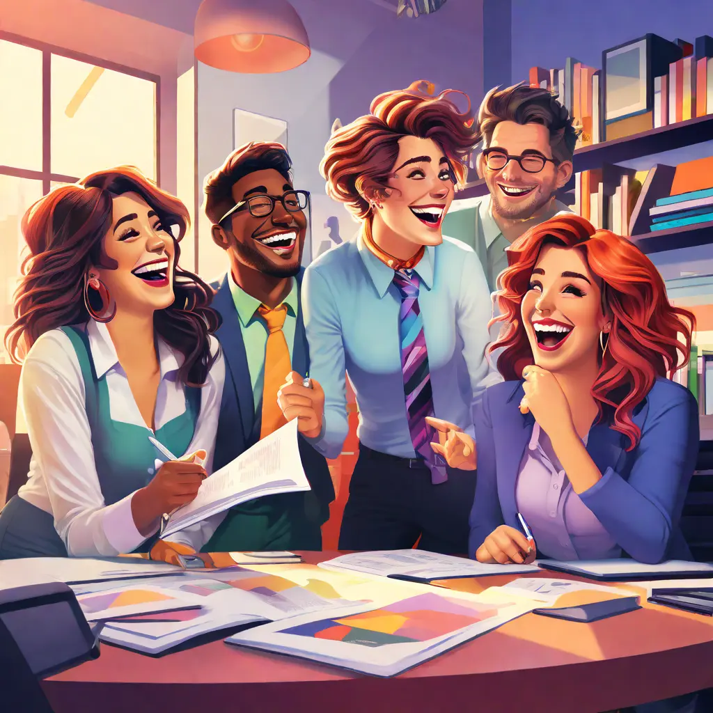 illustration of 1. A group of coworkers laughing together in an office, coloured