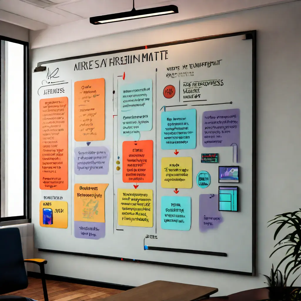 illustration of 3. A whiteboard with management-related jokes written on it, coloured