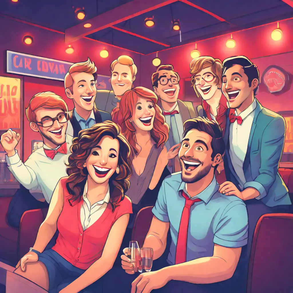 illustration of 7. A group of employees at a comedy club for a team outing, coloured
