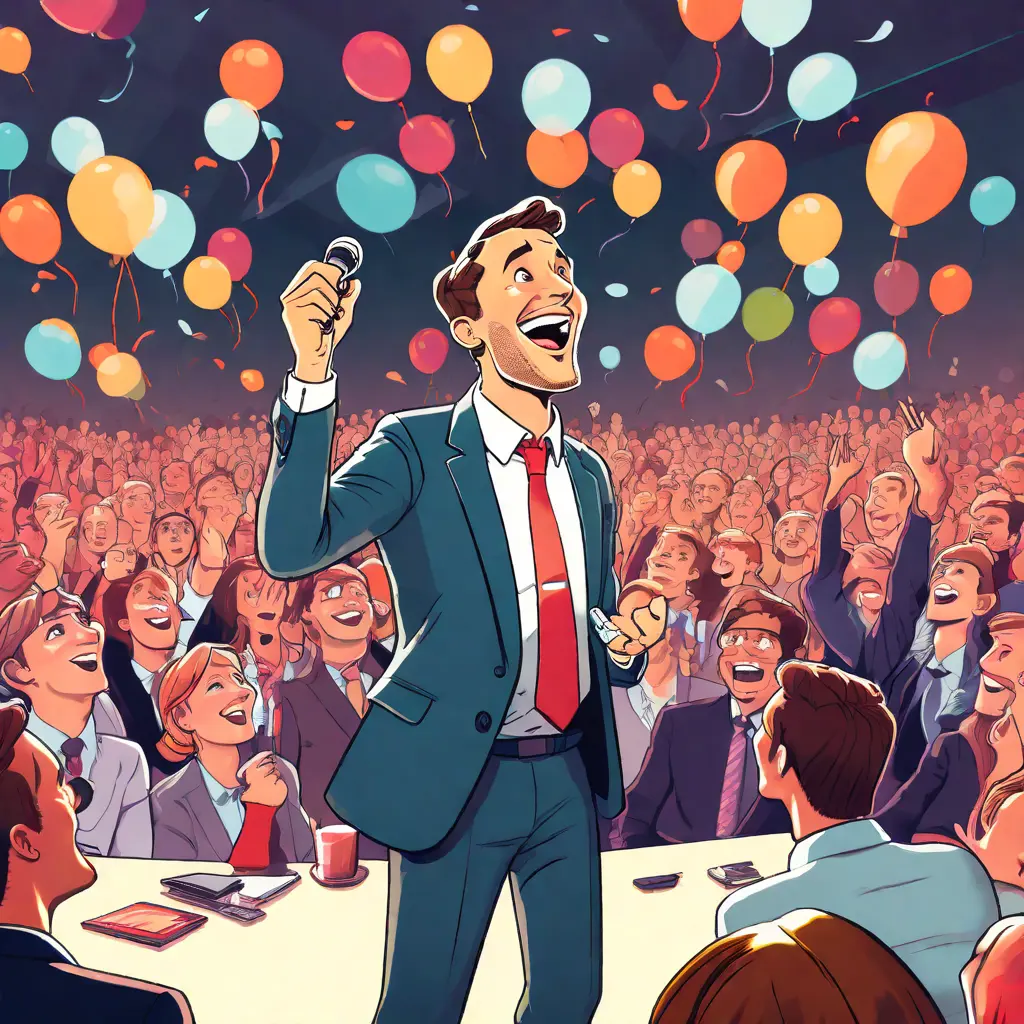 illustration of 9. A manager giving a humorous speech at a company event, coloured